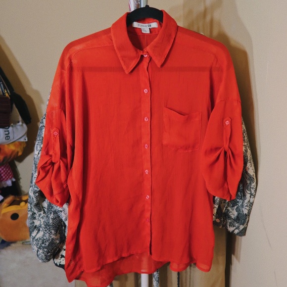 Forever 21 Tops - Oversized Semi-Sheer Orange Button Down Shirt
